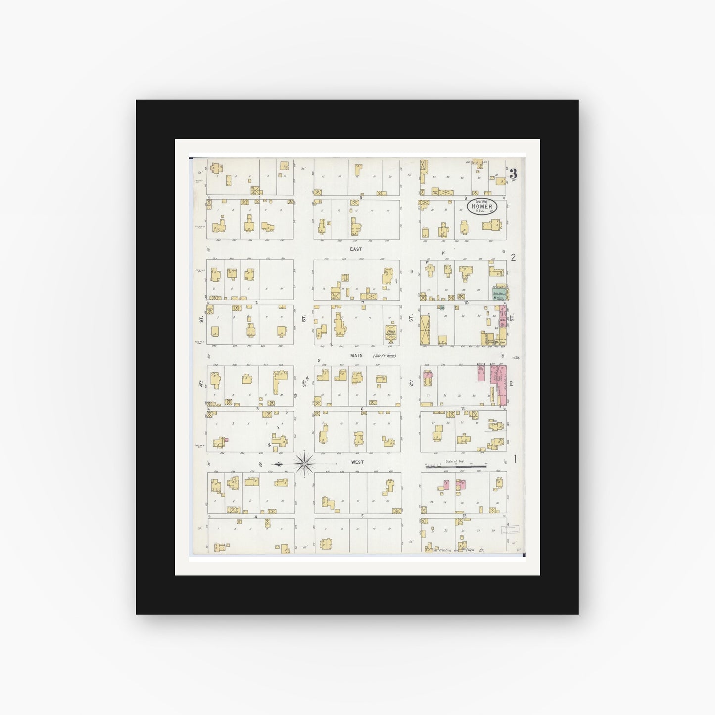 Old map wall art mockup — black gallery frame with white mat — Sanborn Fire Insurance Map from Homer, Champaign County, Illinois (1898), Sheet #0003
