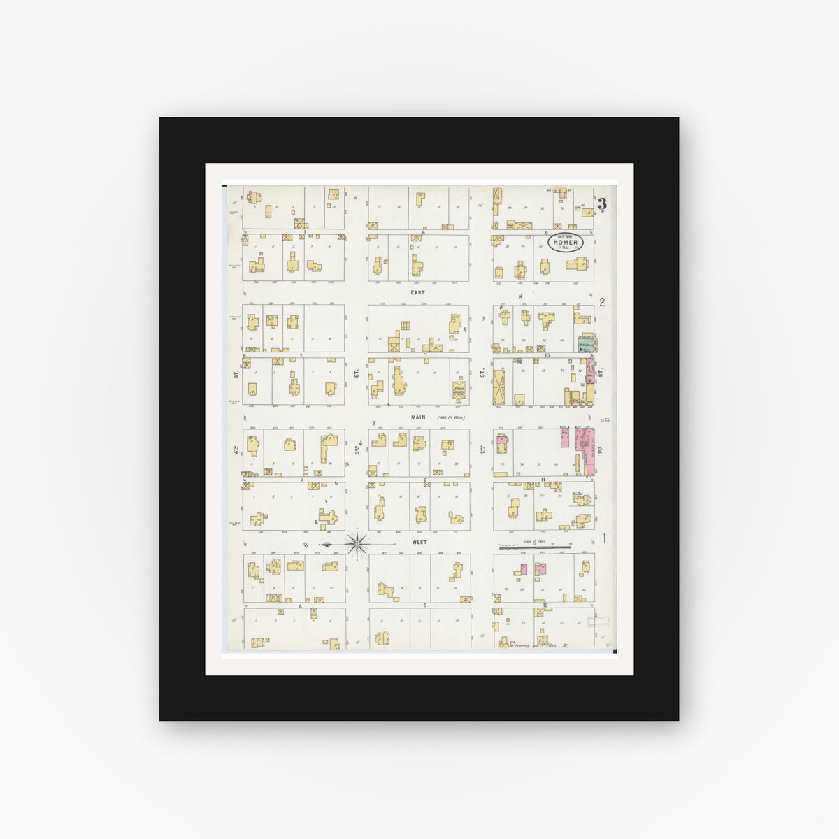 Old map wall art mockup — black gallery frame with white mat — Sanborn Fire Insurance Map from Homer, Champaign County, Illinois (1898), Sheet #0003