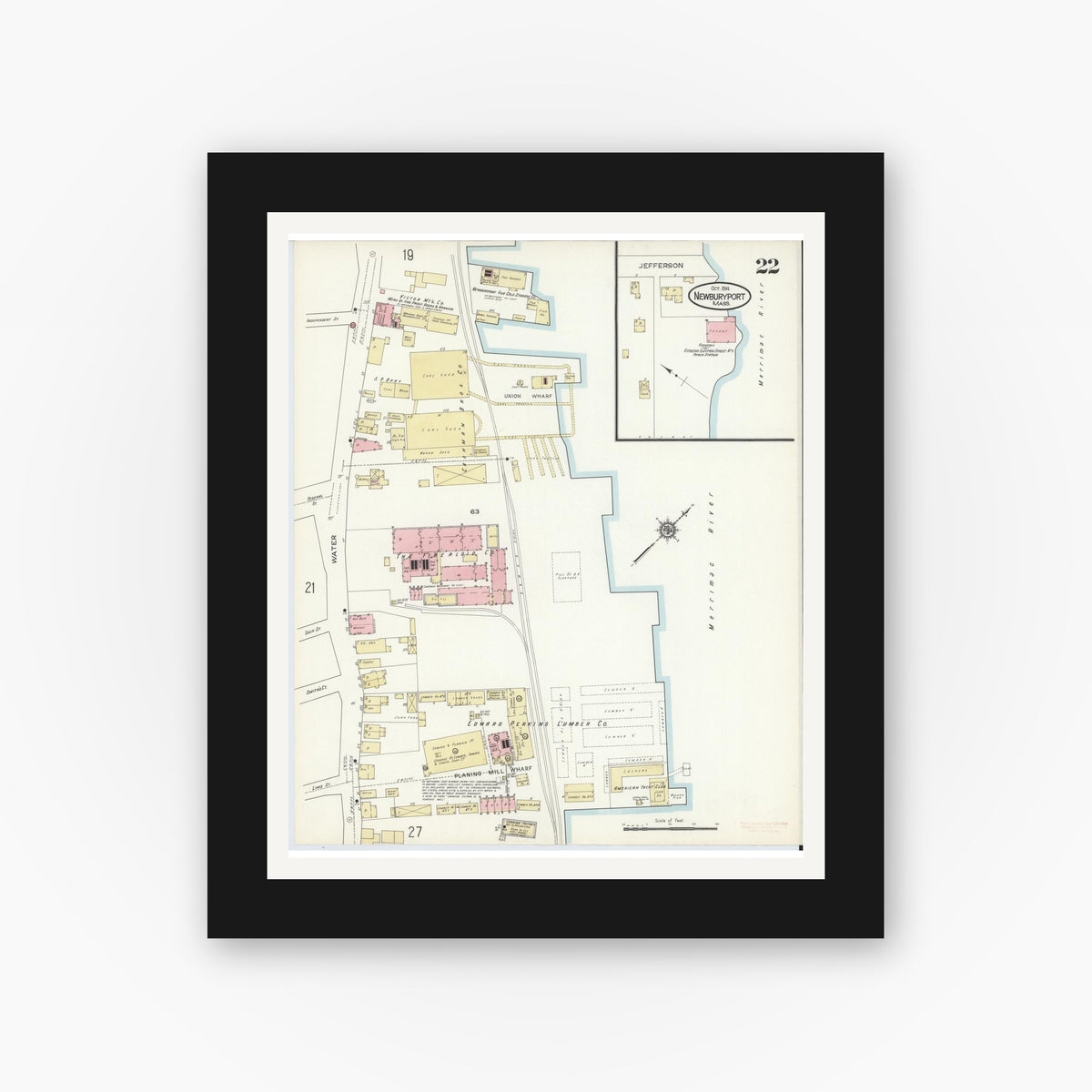 Old map wall art mockup — black gallery frame with white mat — Sanborn Fire Insurance Map from Newburyport, Essex County, Massachusetts (1914), Sheet #0022