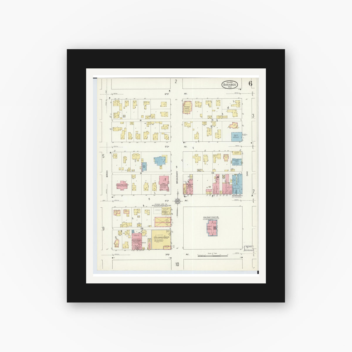 Old map wall art mockup — black gallery frame with white mat — Sanborn Fire Insurance Map from Baraboo, Sauk County, Wisconsin (1913), Sheet #0006