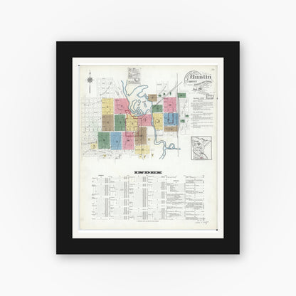Old map wall art mockup — black gallery frame with white mat — Sanborn Fire Insurance Map from Austin, Mower County, Minnesota (1917), Sheet #0001