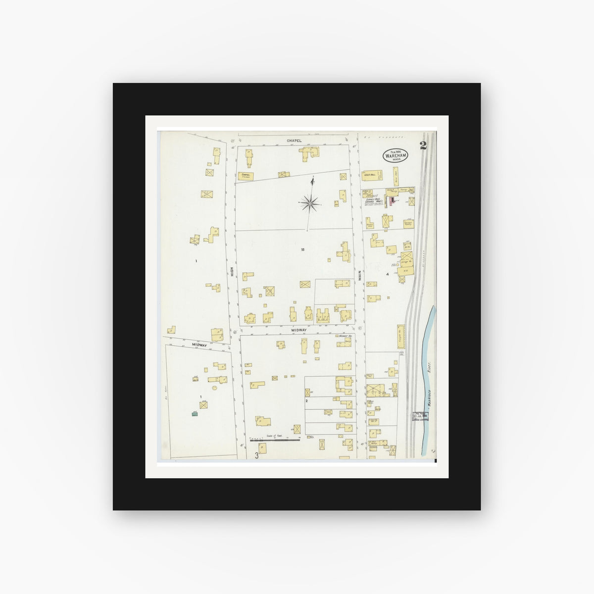 Old map wall art mockup — black gallery frame with white mat — Sanborn Fire Insurance Map from Wareham, Plymouth County, Massachusetts (1906), Sheet #0002