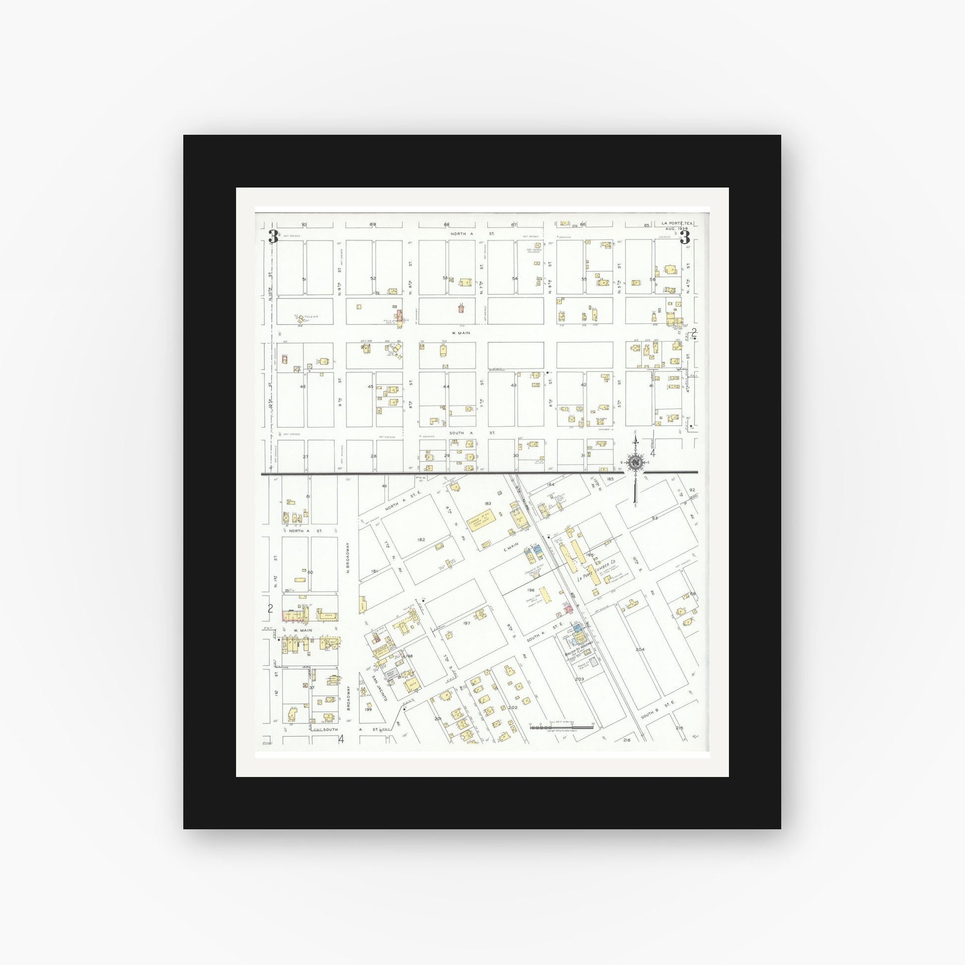 Old map wall art mockup — black gallery frame with white mat — Sanborn Fire Insurance Map from La Porte, Harris County, Texas (1939), Sheet #0003