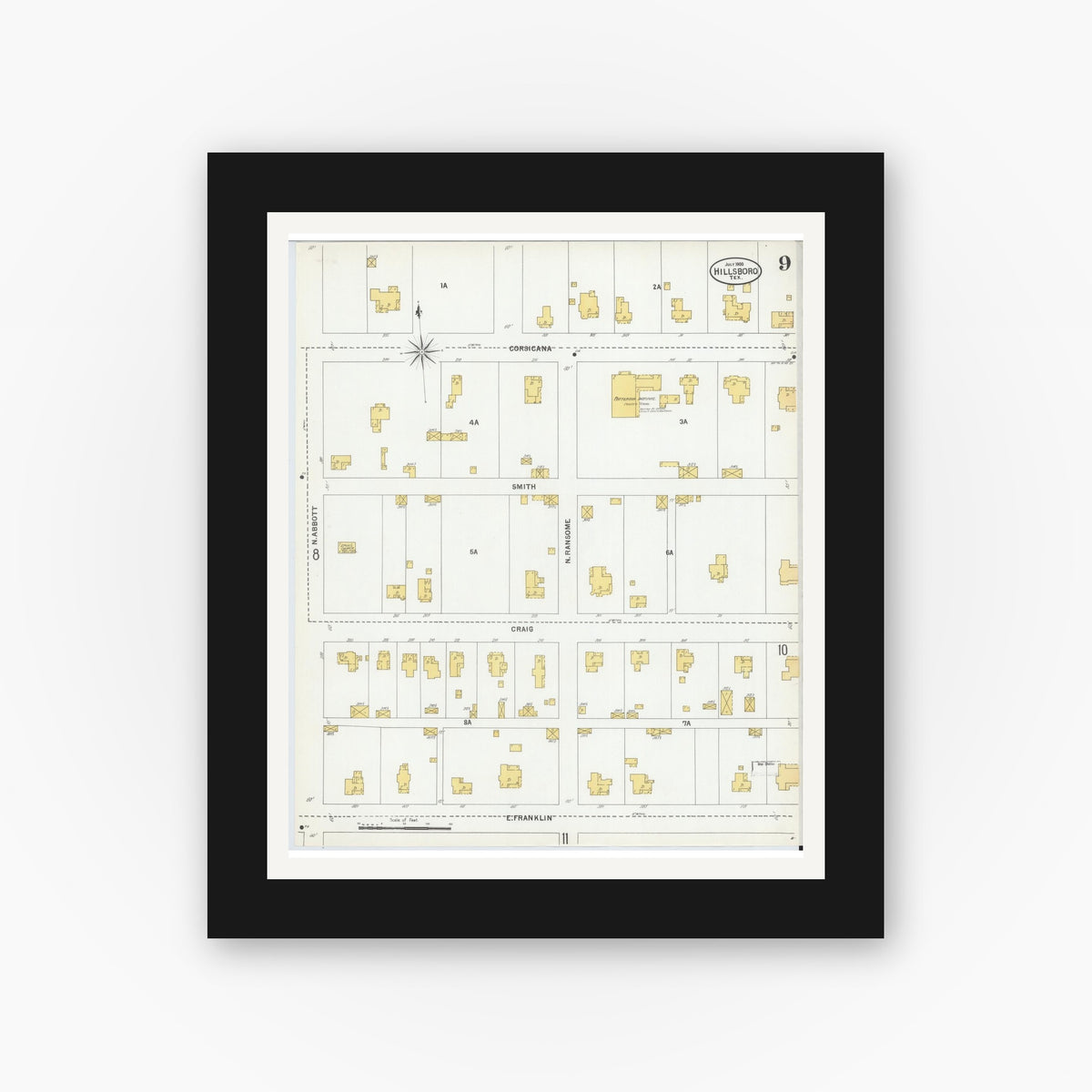 Old map wall art mockup — black gallery frame with white mat — Sanborn Fire Insurance Map from Hillsboro, Hill County, Texas (1900), Sheet #0009