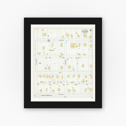 Old map wall art mockup — black gallery frame with white mat — Sanborn Fire Insurance Map from Hillsboro, Hill County, Texas (1900), Sheet #0009