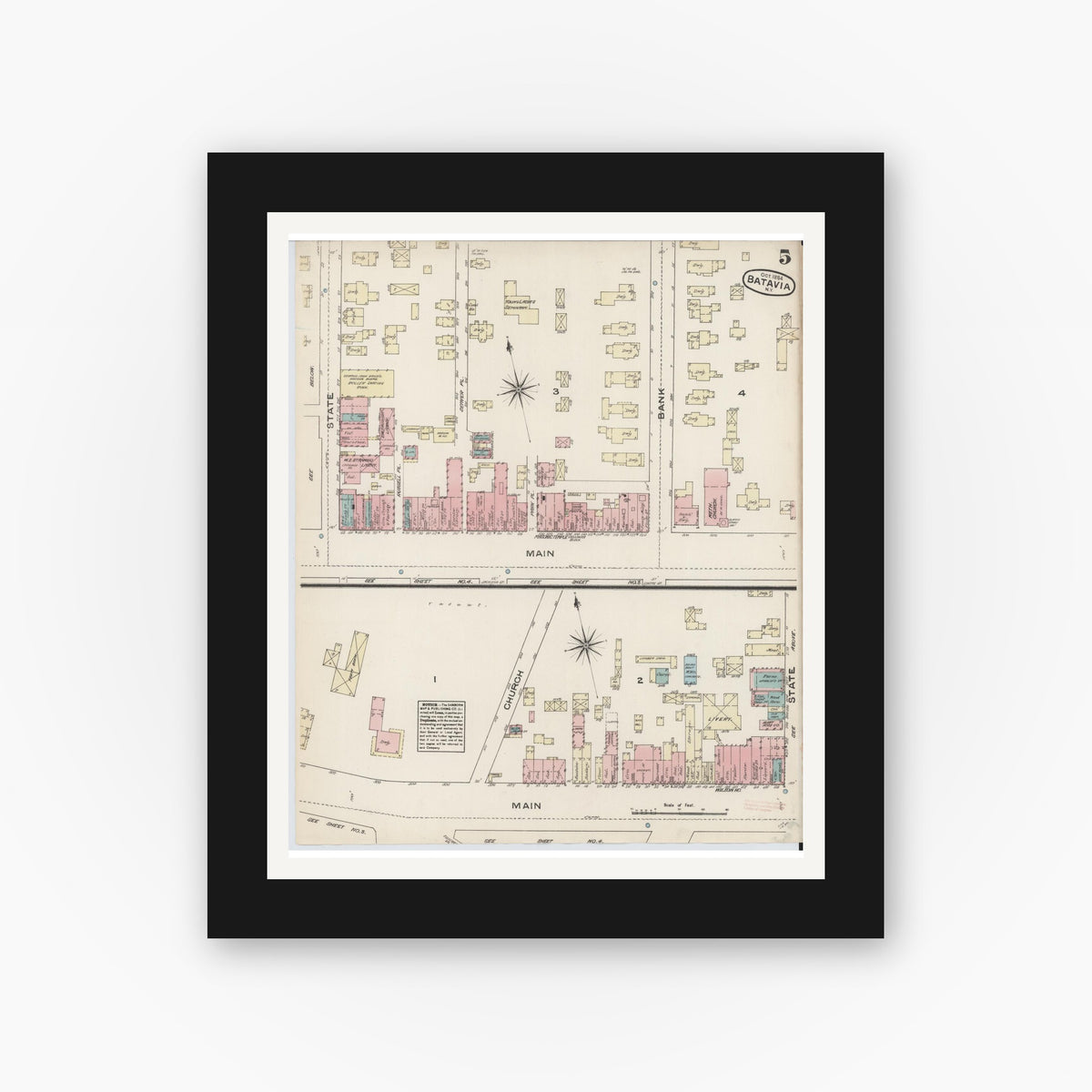 Old map wall art mockup — black gallery frame with white mat — Sanborn Fire Insurance Map from Batavia, Genesee County, New York (1884), Sheet #0005