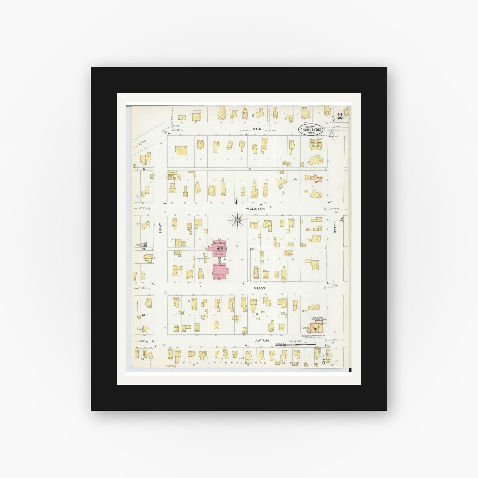 Old map wall art mockup — black gallery frame with white mat — Sanborn Fire Insurance Map from Charlevoix, Charlevoix County, Michigan (1907), Sheet #0002
