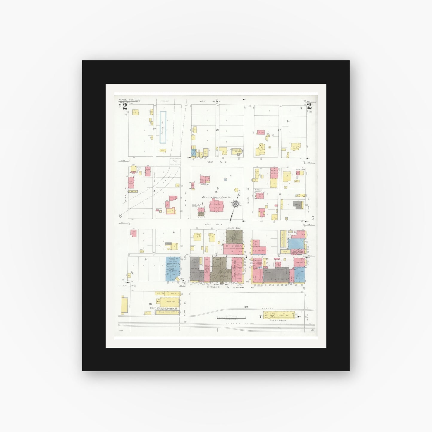 Old map wall art mockup — black gallery frame with white mat — Sanborn Fire Insurance Map from Alpine, Brewster County, Texas (1933), Sheet #0002