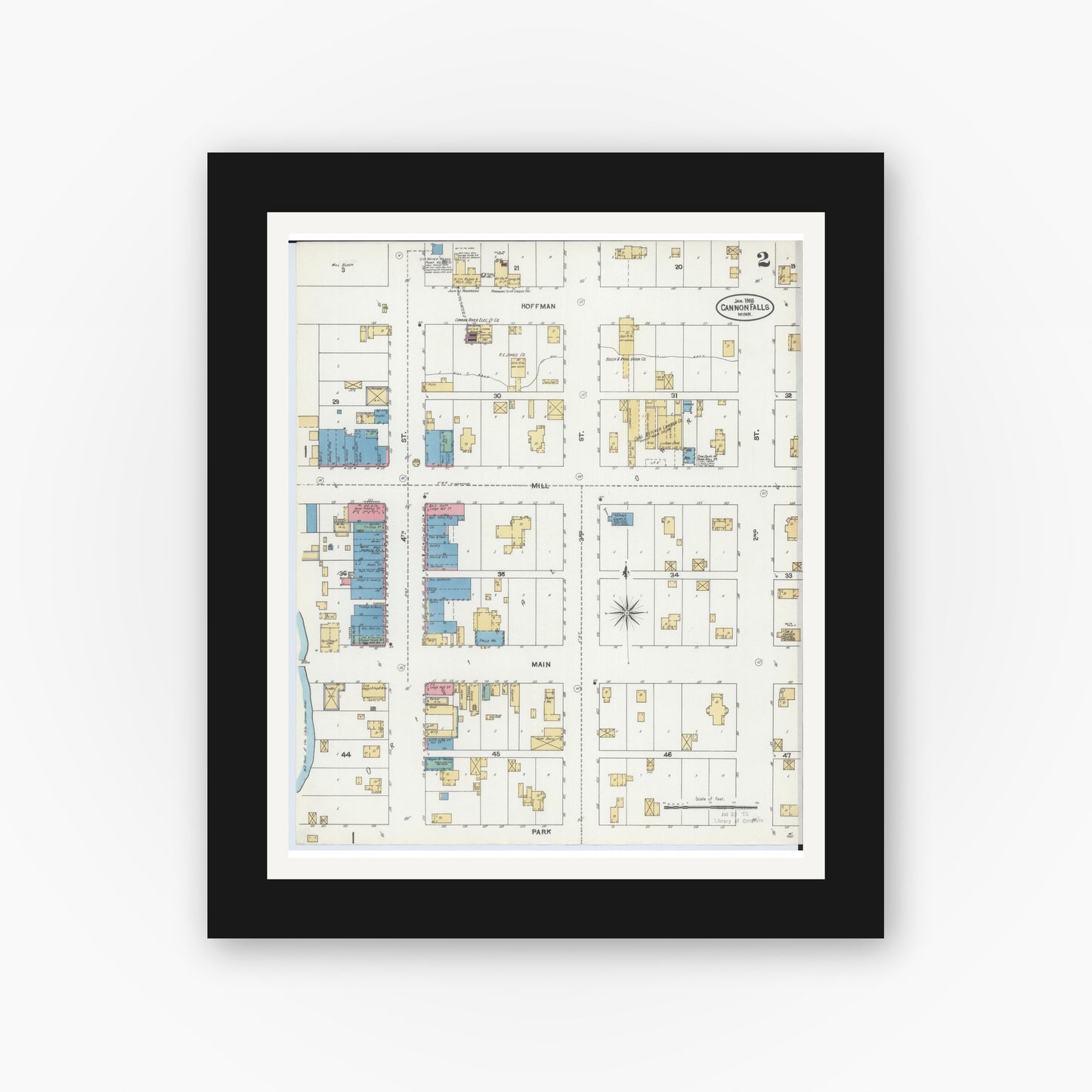 Old map wall art mockup — black gallery frame with white mat — Sanborn Fire Insurance Map from Cannon Falls, Goodhue County, Minnesota (1905), Sheet #0002