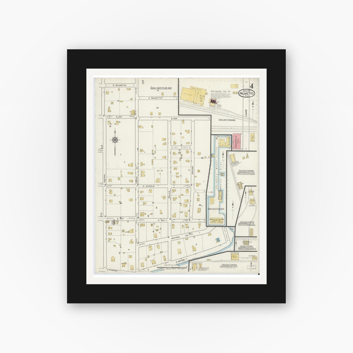 Old map wall art mockup — black gallery frame with white mat — Sanborn Fire Insurance Map from Palmetto, Manatee County, Florida (1917), Sheet #0004