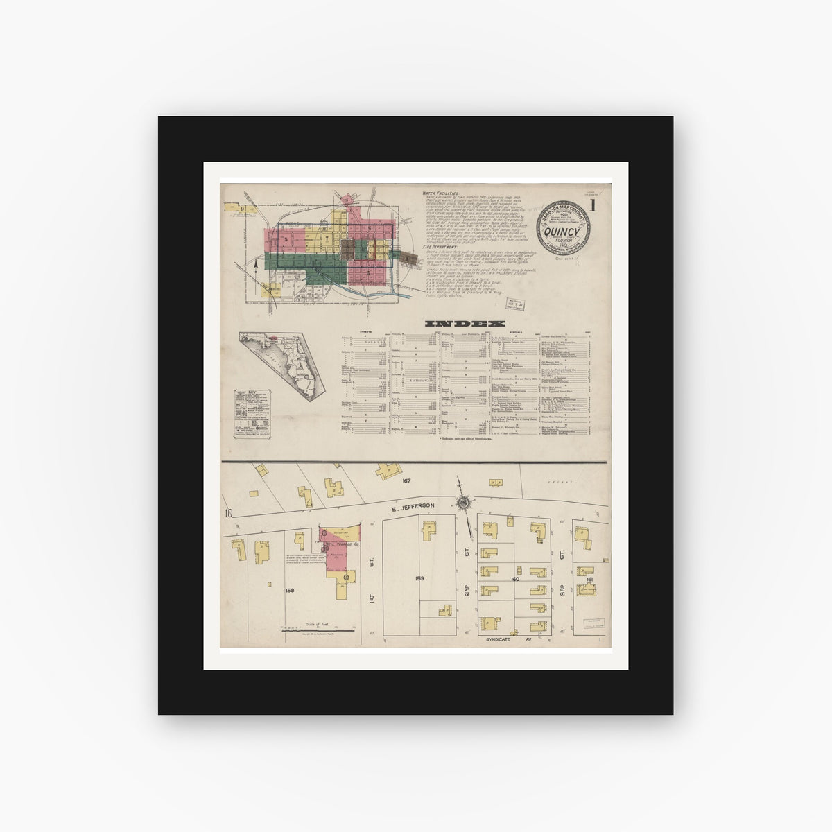 Old map wall art mockup — black gallery frame with white mat — Sanborn Fire Insurance Map from Quincy, Gadsden County, Florida (1922) - Complete Map Set