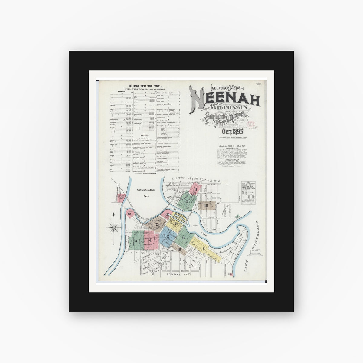 Old map wall art mockup — black gallery frame with white mat — Sanborn Fire Insurance Map from Neenah, Winnebago County, Wisconsin (1895) - Complete Map Set