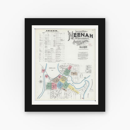 Old map wall art mockup — black gallery frame with white mat — Sanborn Fire Insurance Map from Neenah, Winnebago County, Wisconsin (1895) - Complete Map Set