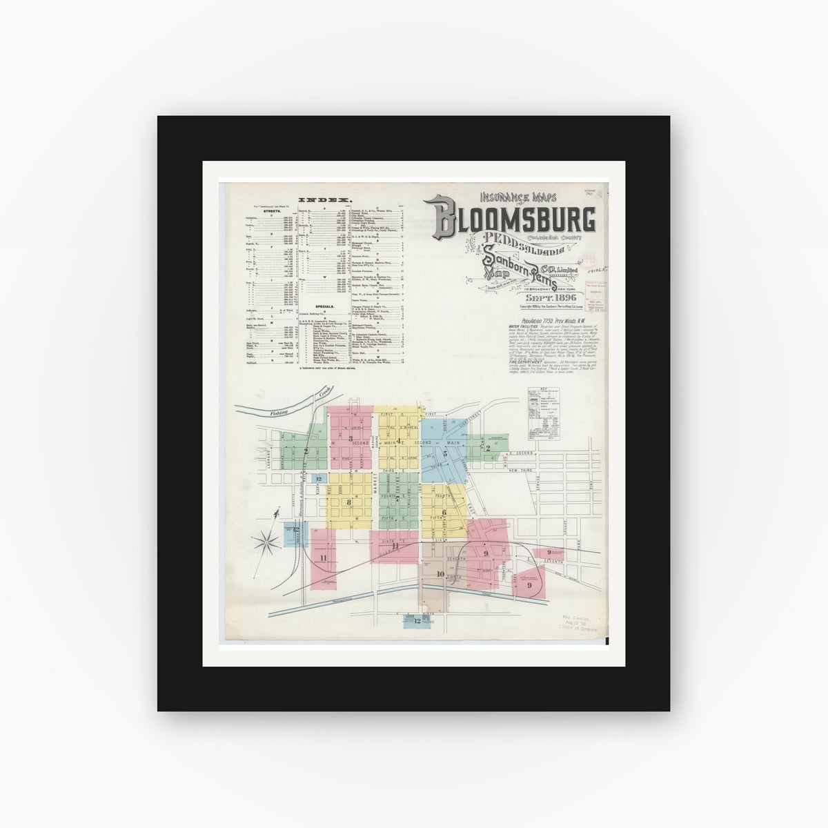 Old map wall art mockup — black gallery frame with white mat — Sanborn Fire Insurance Map from Bloomsburg, Columbia County, Pennsylvania (1896), Sheet #0001