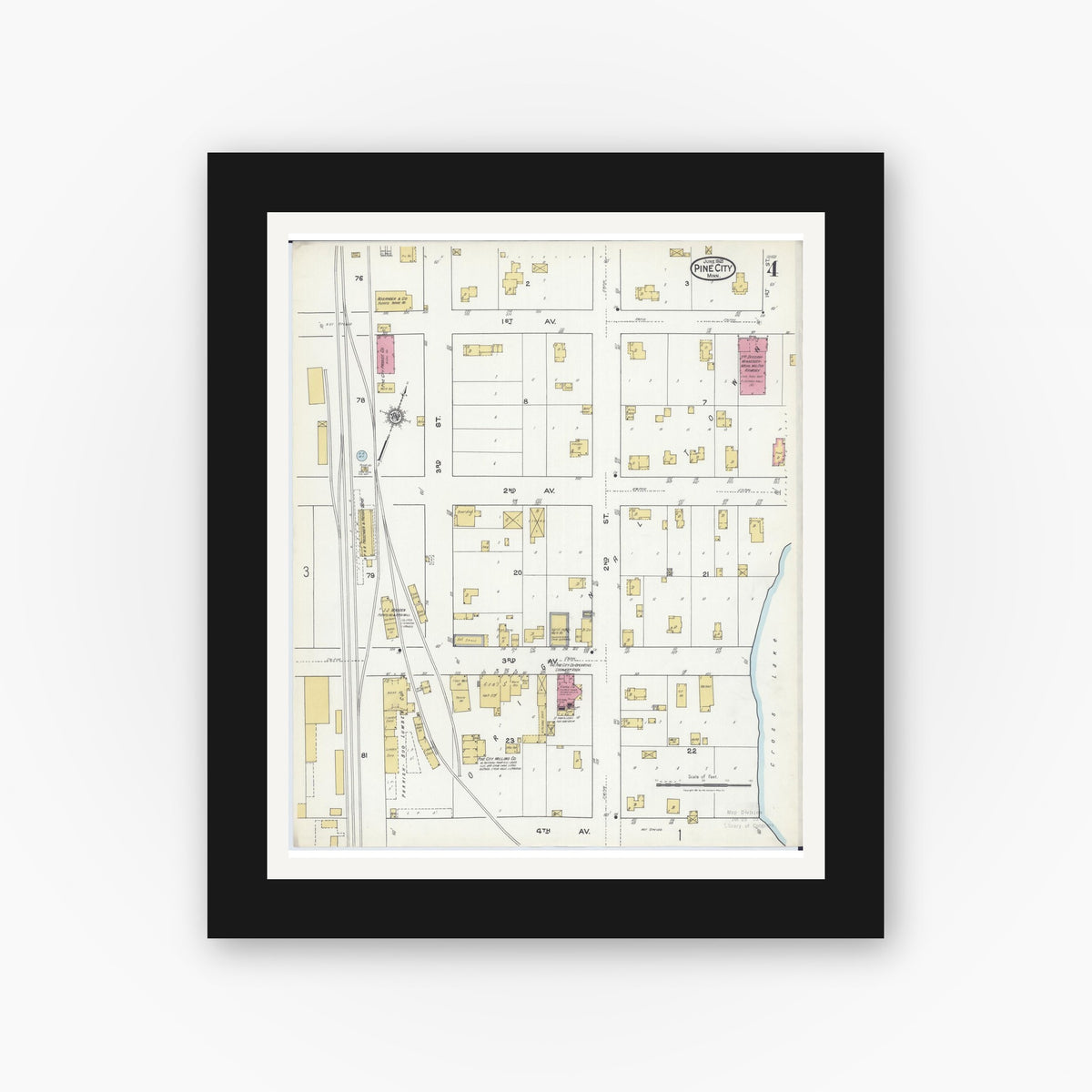 Old map wall art mockup — black gallery frame with white mat — Sanborn Fire Insurance Map from Pine City, Pine County, Minnesota (1921), Sheet #0004