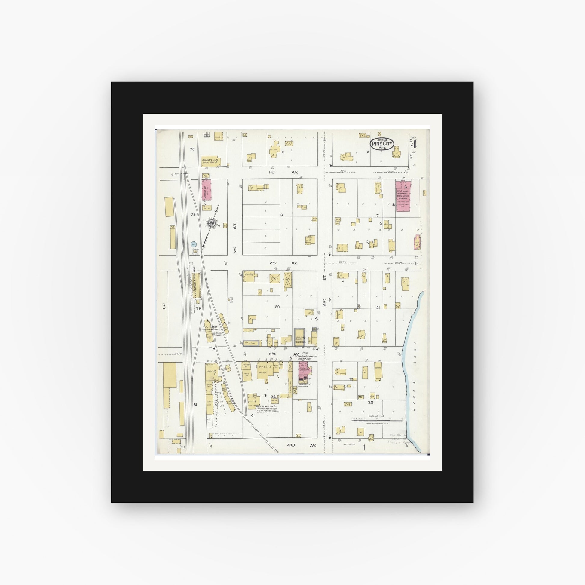 Old map wall art mockup — black gallery frame with white mat — Sanborn Fire Insurance Map from Pine City, Pine County, Minnesota (1921), Sheet #0004