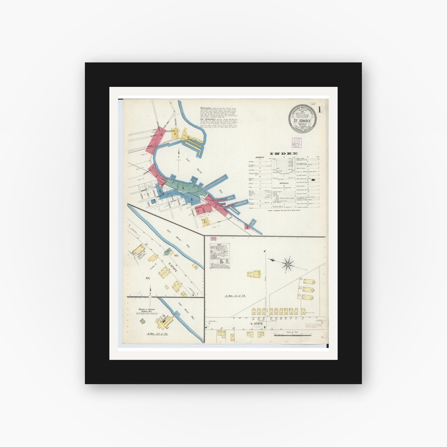 Old map wall art mockup — black gallery frame with white mat — Sanborn Fire Insurance Map from Saint Ignace, Mackinac County, Michigan (1907), Sheet #0001