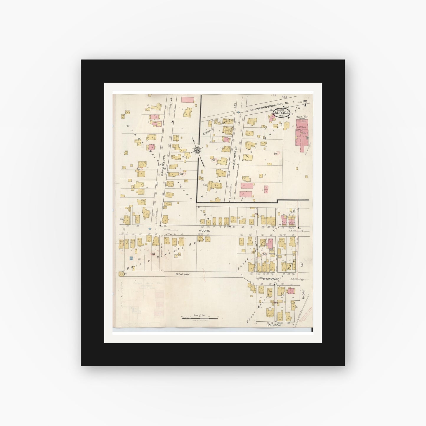 Old map wall art mockup — black gallery frame with white mat — Sanborn Fire Insurance Map from Aurora, Dearborn County, Indiana (1935), Sheet #0007
