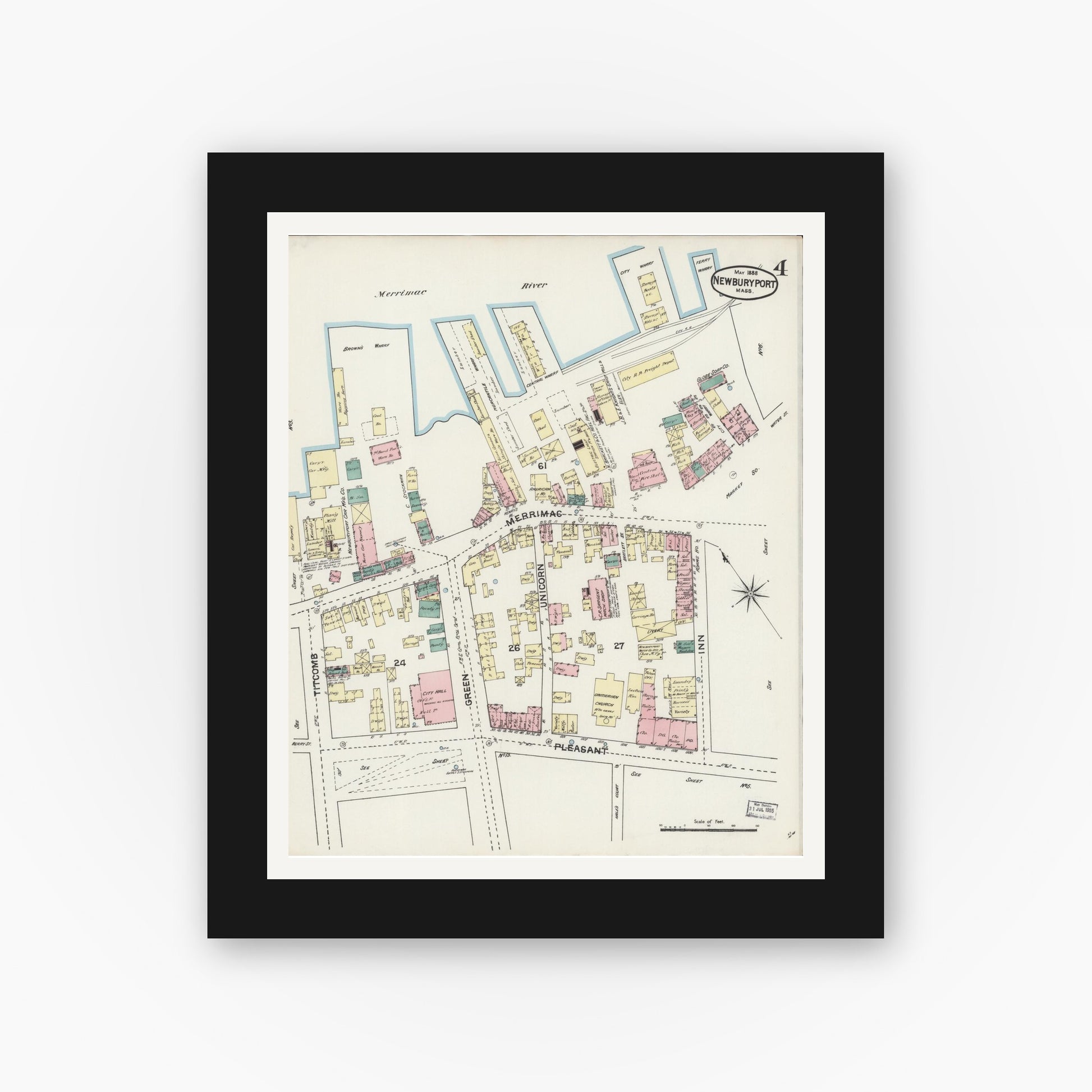 Old map wall art mockup — black gallery frame with white mat — Sanborn Fire Insurance Map from Newburyport, Essex County, Massachusetts (1888), Sheet #0004