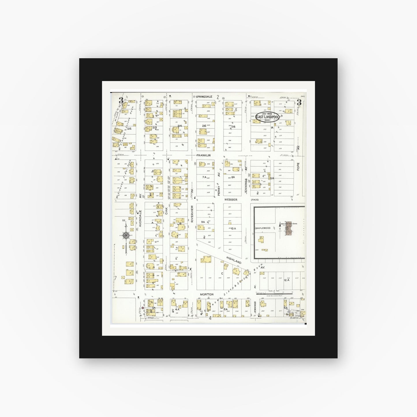Old map wall art mockup — black gallery frame with white mat — Sanborn Fire Insurance Map from East Liverpool, Columbiana County, Ohio (1923), Sheet #0003