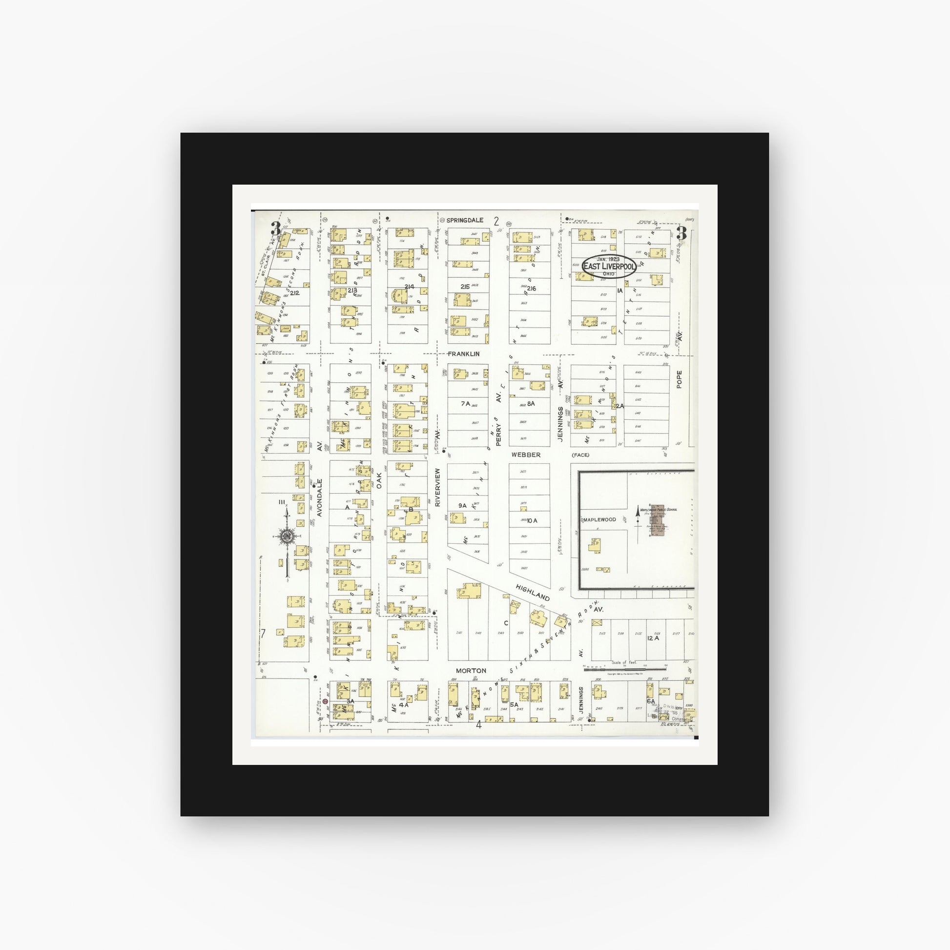 Old map wall art mockup — black gallery frame with white mat — Sanborn Fire Insurance Map from East Liverpool, Columbiana County, Ohio (1923), Sheet #0003