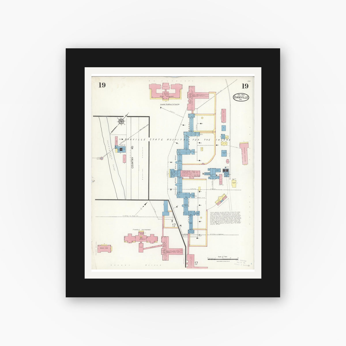 Old map wall art mockup — black gallery frame with white mat — Sanborn Fire Insurance Map from Danville, Montour County, Pennsylvania (1923), Sheet #0019