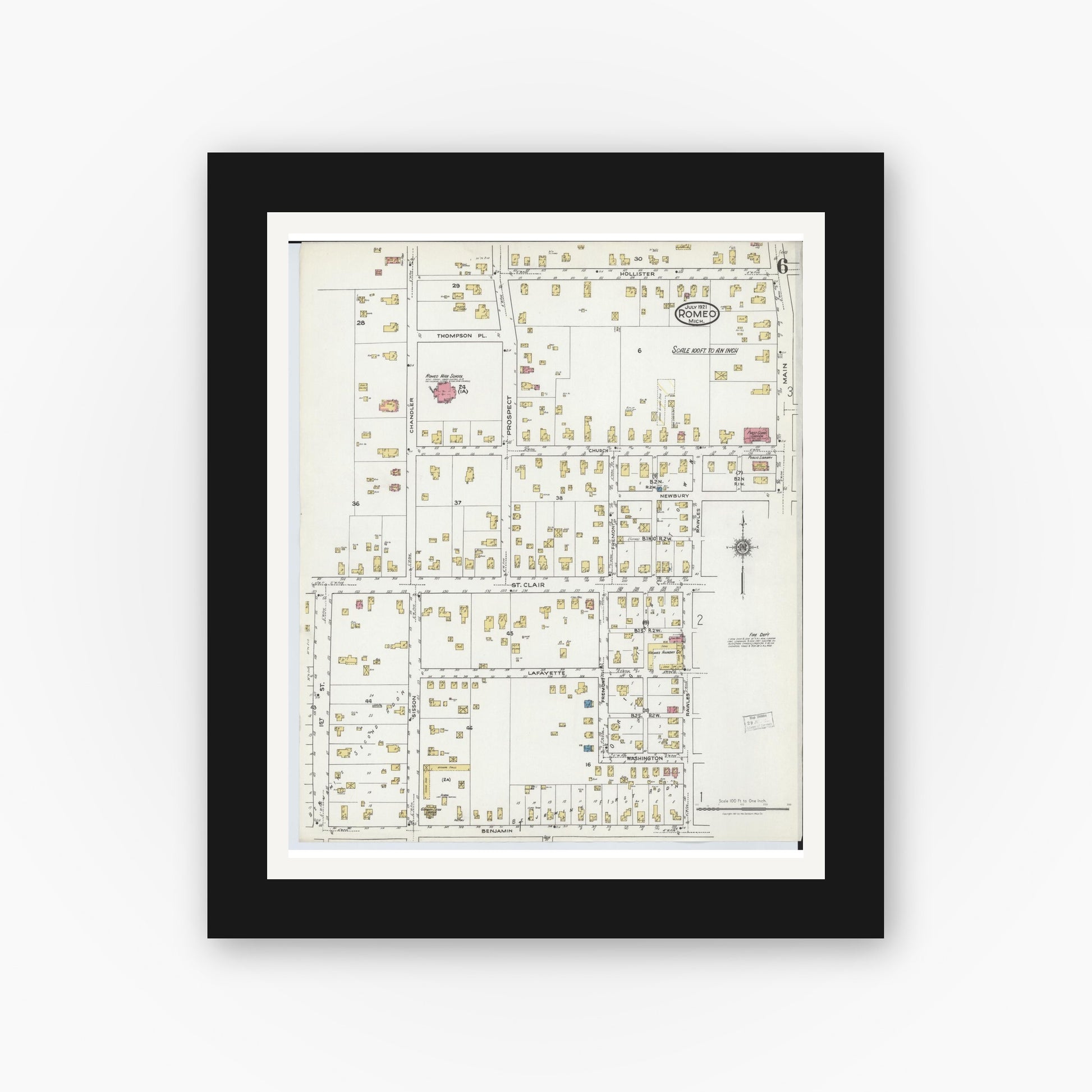 Old map wall art mockup — black gallery frame with white mat — Sanborn Fire Insurance Map from Romeo, Macomb County, Michigan (1921), Sheet #0006