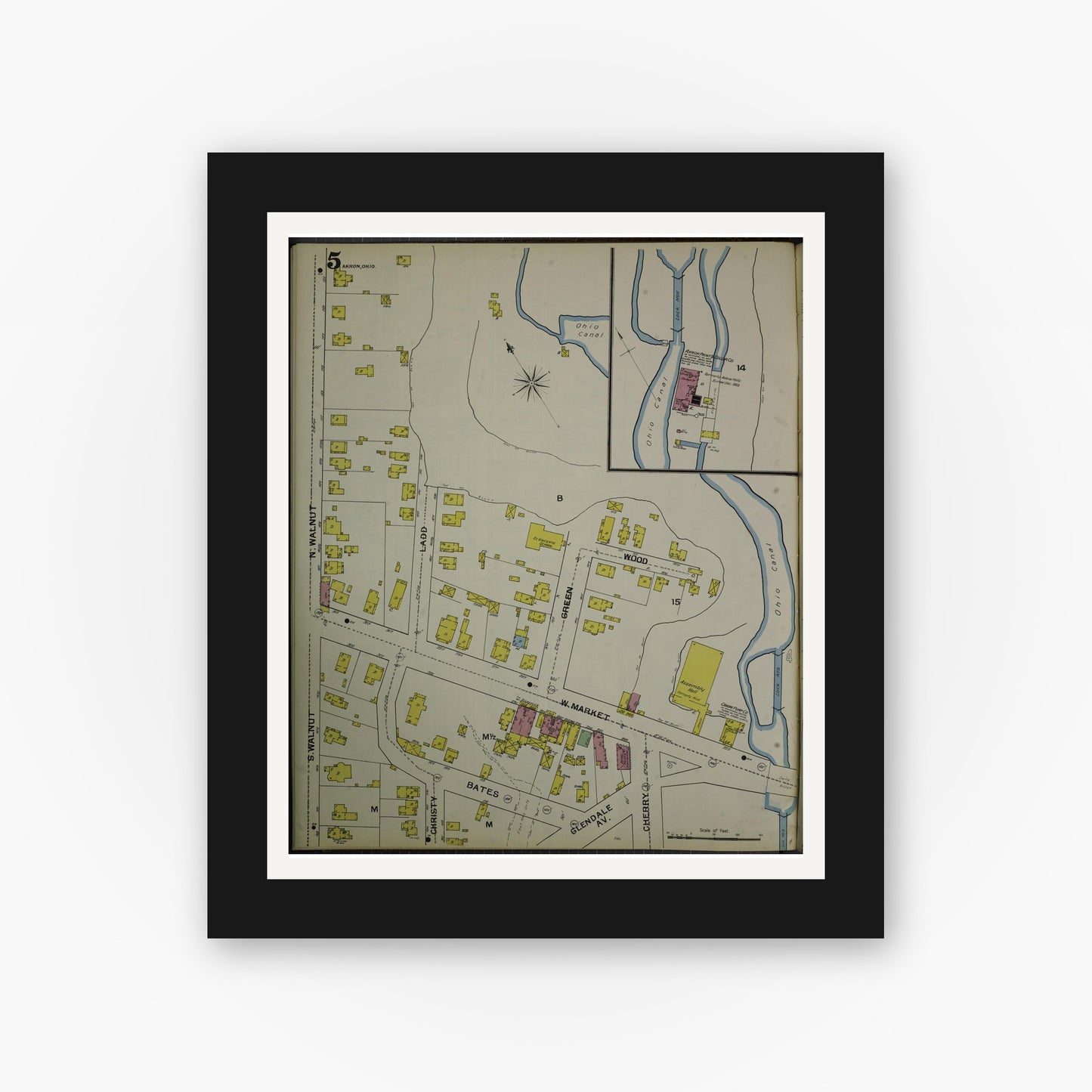 Old map wall art mockup — black gallery frame with white mat — Sanborn Fire Insurance Map from Akron, Summit County, Ohio (1892), Sheet #0005