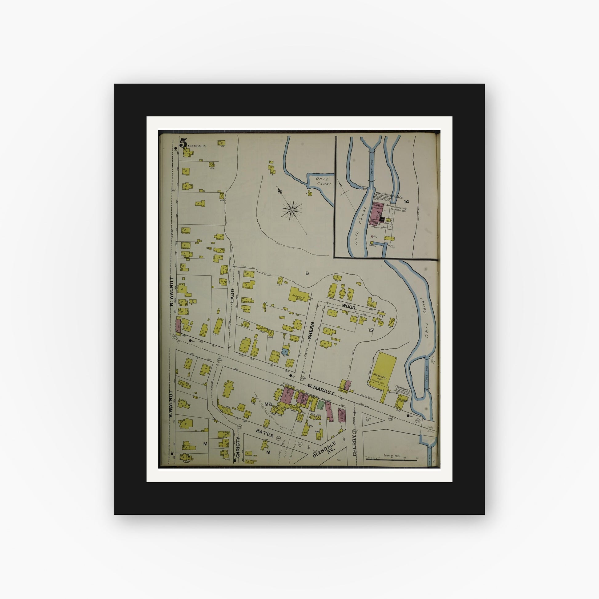 Old map wall art mockup — black gallery frame with white mat — Sanborn Fire Insurance Map from Akron, Summit County, Ohio (1892), Sheet #0005