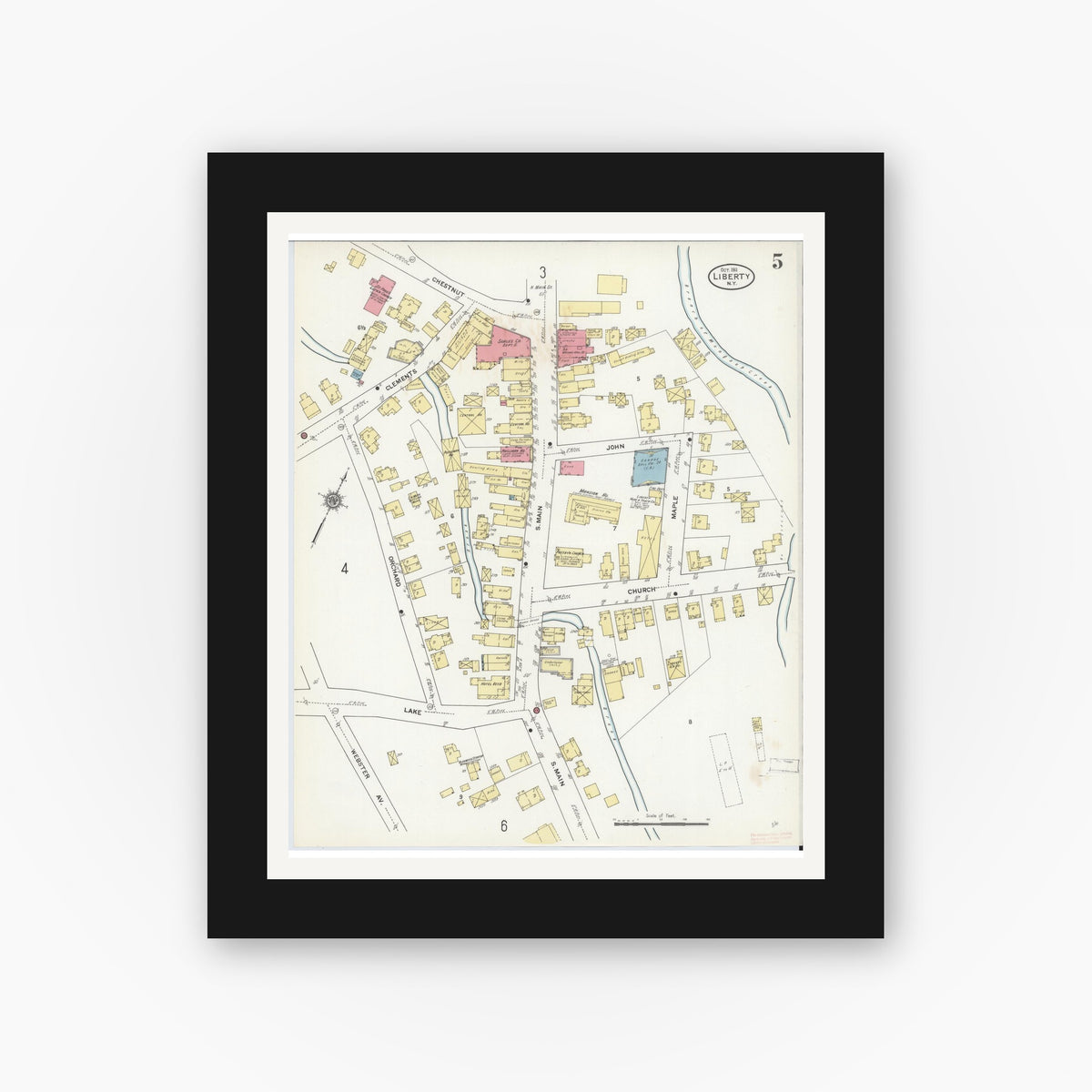 Old map wall art mockup — black gallery frame with white mat — Sanborn Fire Insurance Map from Liberty, Sullivan County, New York (1911), Sheet #0005