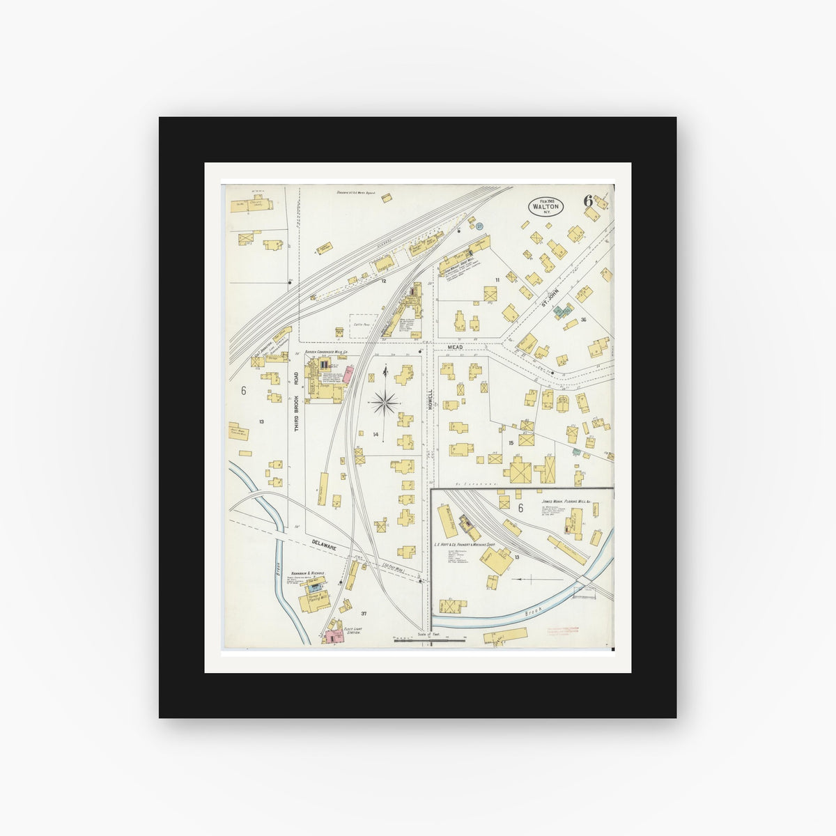 Old map wall art mockup — black gallery frame with white mat — Sanborn Fire Insurance Map from Walton, Delaware County, New York (1903), Sheet #0006