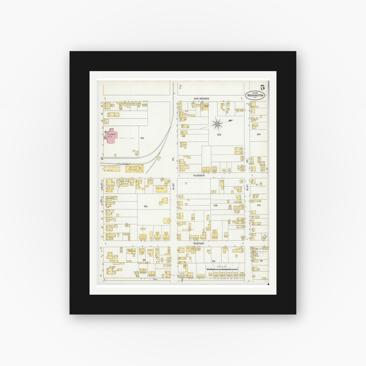 Old map wall art mockup — black gallery frame with white mat — Sanborn Fire Insurance Map from Washington, Beaufort County, North Carolina (1901), Sheet #0005