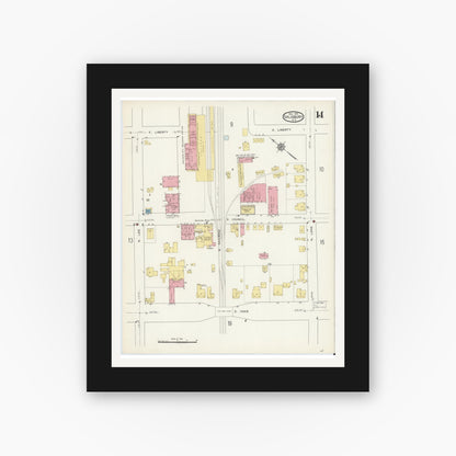 Old map wall art mockup — black gallery frame with white mat — Sanborn Fire Insurance Map from Salisbury, Rowan County, North Carolina (1913), Sheet #0014