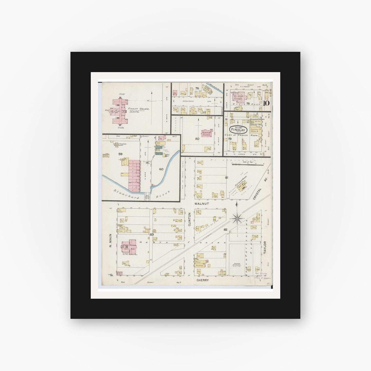 Old map wall art mockup — black gallery frame with white mat — Sanborn Fire Insurance Map from Findlay, Hancock County, Ohio (1887), Sheet #0010