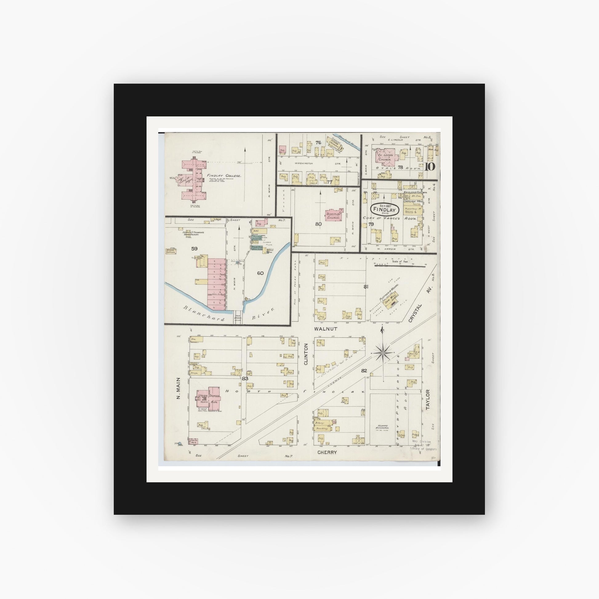 Old map wall art mockup — black gallery frame with white mat — Sanborn Fire Insurance Map from Findlay, Hancock County, Ohio (1887), Sheet #0010
