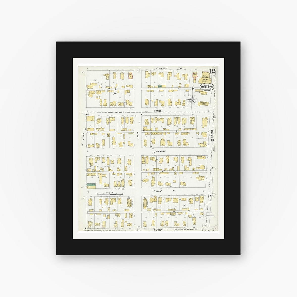 Old map wall art mockup — black gallery frame with white mat — Sanborn Fire Insurance Map from Marinette, Marinette County, Wisconsin (1901), Sheet #0012