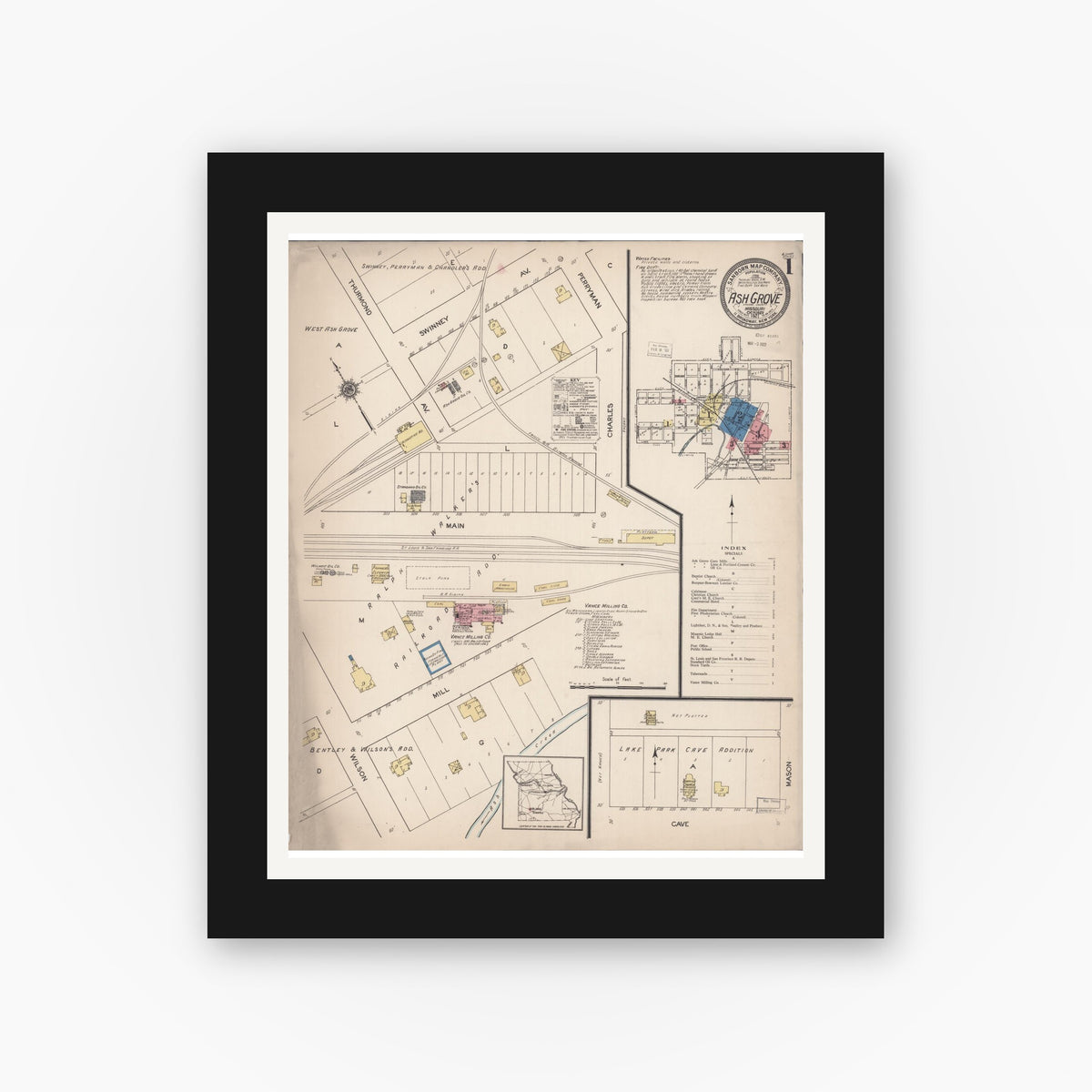 Old map wall art mockup — black gallery frame with white mat — Sanborn Fire Insurance Map from Ash Grove, Greene County, Missouri (1921) - Complete Map Set