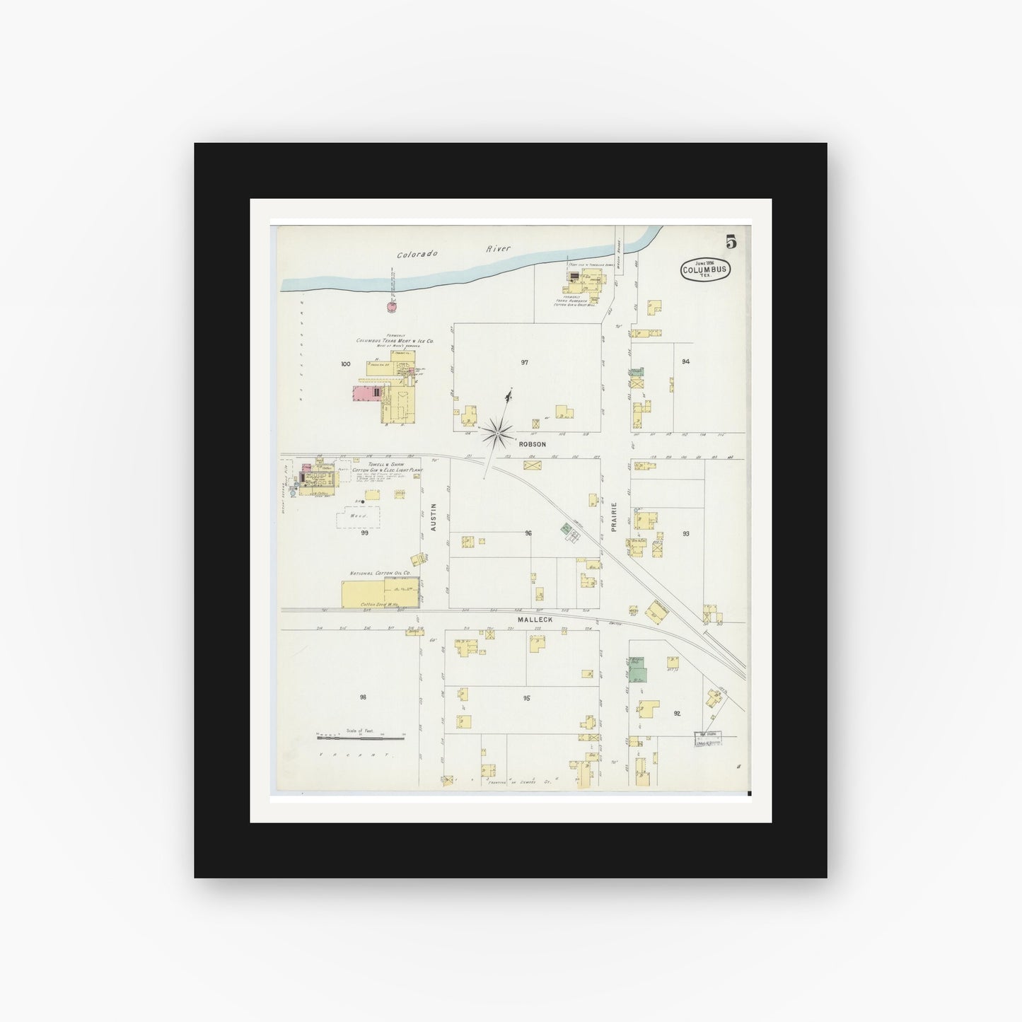 Old map wall art mockup — black gallery frame with white mat — Sanborn Fire Insurance Map from Columbus, Colorado County, Texas (1896), Sheet #0005