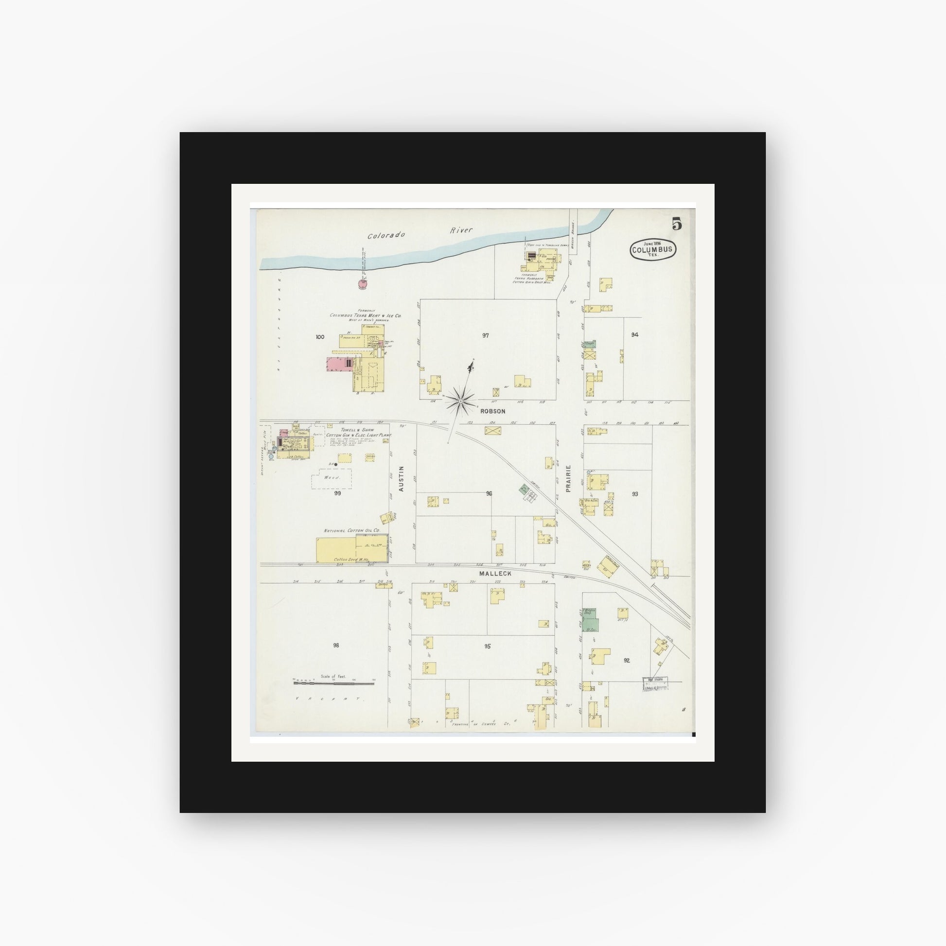 Old map wall art mockup — black gallery frame with white mat — Sanborn Fire Insurance Map from Columbus, Colorado County, Texas (1896), Sheet #0005