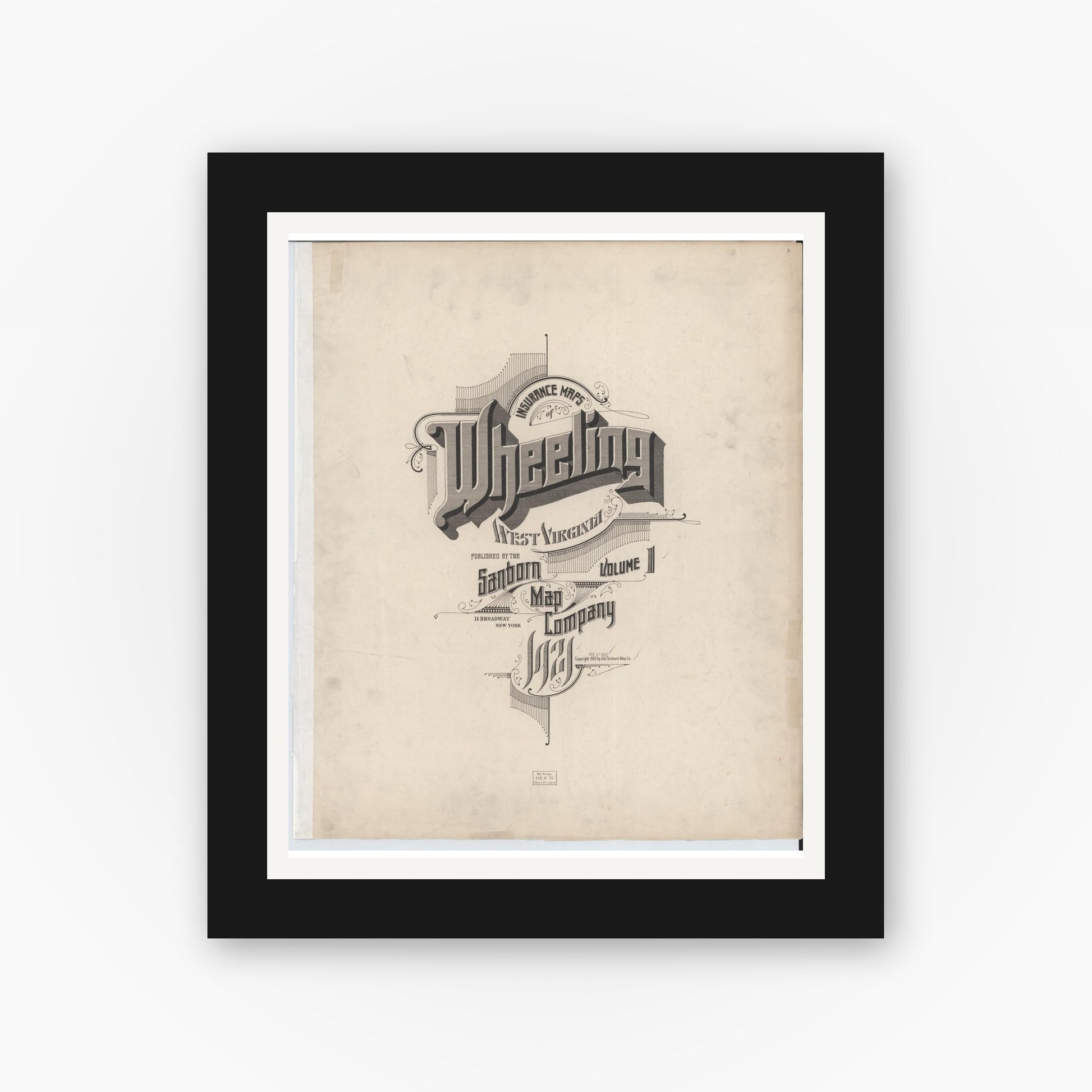 Old map wall art mockup — black gallery frame with white mat — Sanborn Fire Insurance Map from Wheeling, Ohio County, West Virginia (1921), Sheet #0001