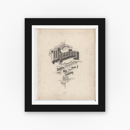 Old map wall art mockup — black gallery frame with white mat — Sanborn Fire Insurance Map from Wheeling, Ohio County, West Virginia (1921), Sheet #0001