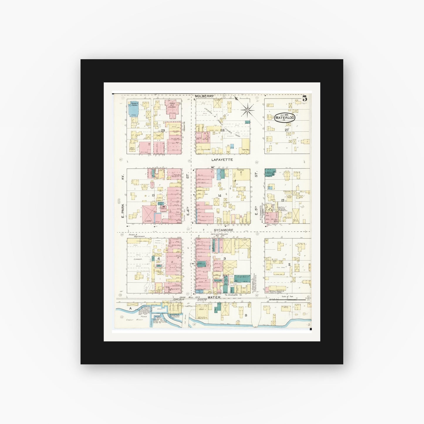 Old map wall art mockup — black gallery frame with white mat — Sanborn Fire Insurance Map from Waterloo, Black Hawk County, Iowa (1892), Sheet #0005