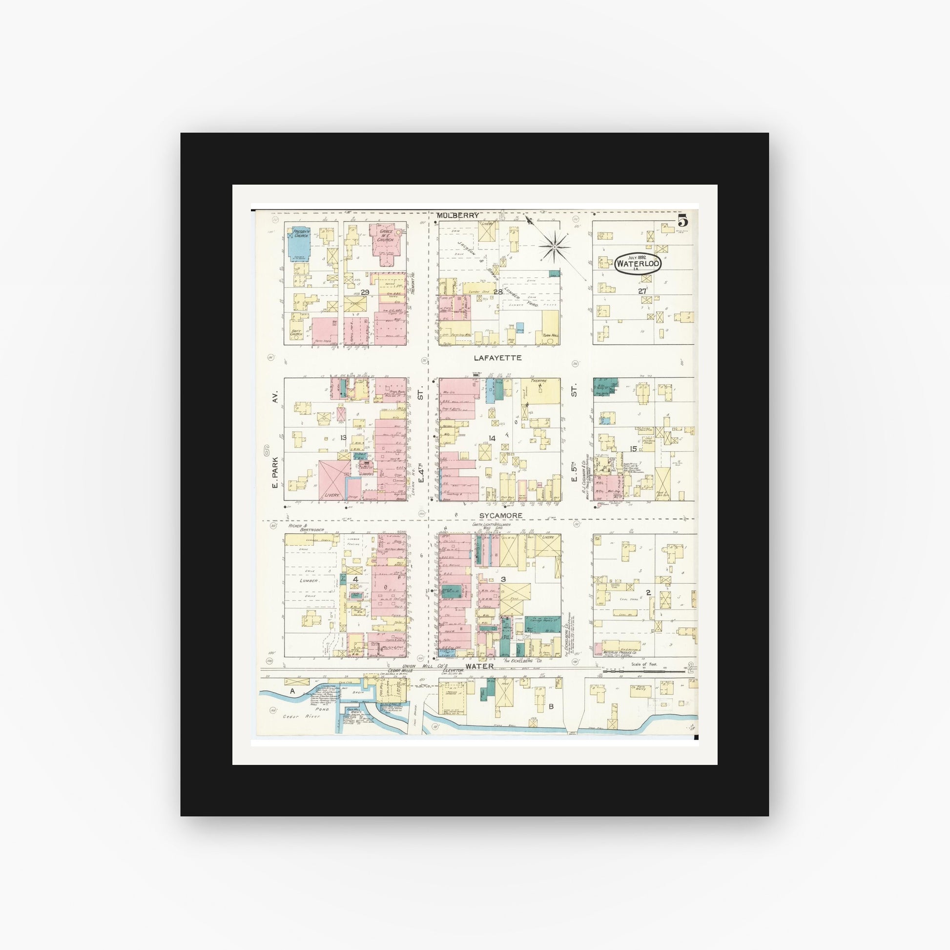 Old map wall art mockup — black gallery frame with white mat — Sanborn Fire Insurance Map from Waterloo, Black Hawk County, Iowa (1892), Sheet #0005
