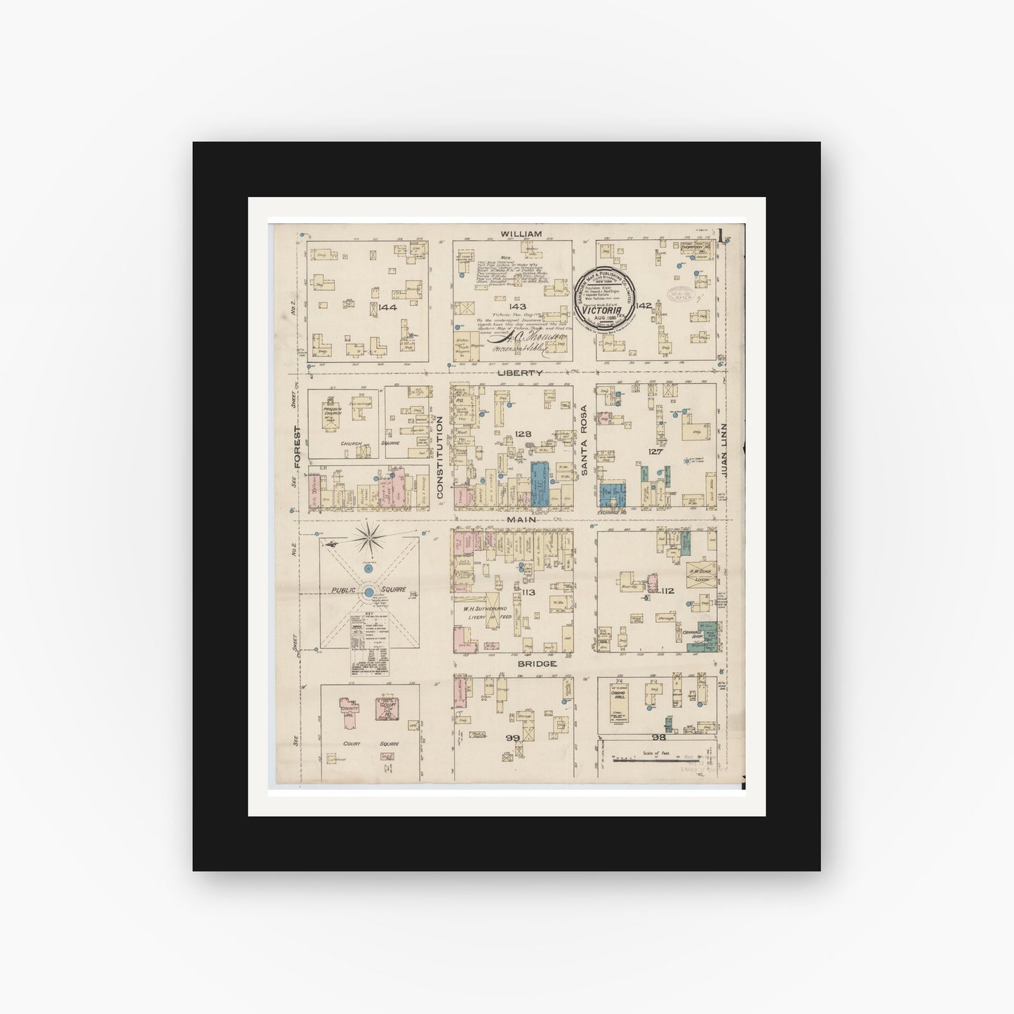 Old map wall art mockup — black gallery frame with white mat — Sanborn Fire Insurance Map from Victoria, Victoria County, Texas (1885), Sheet #0001