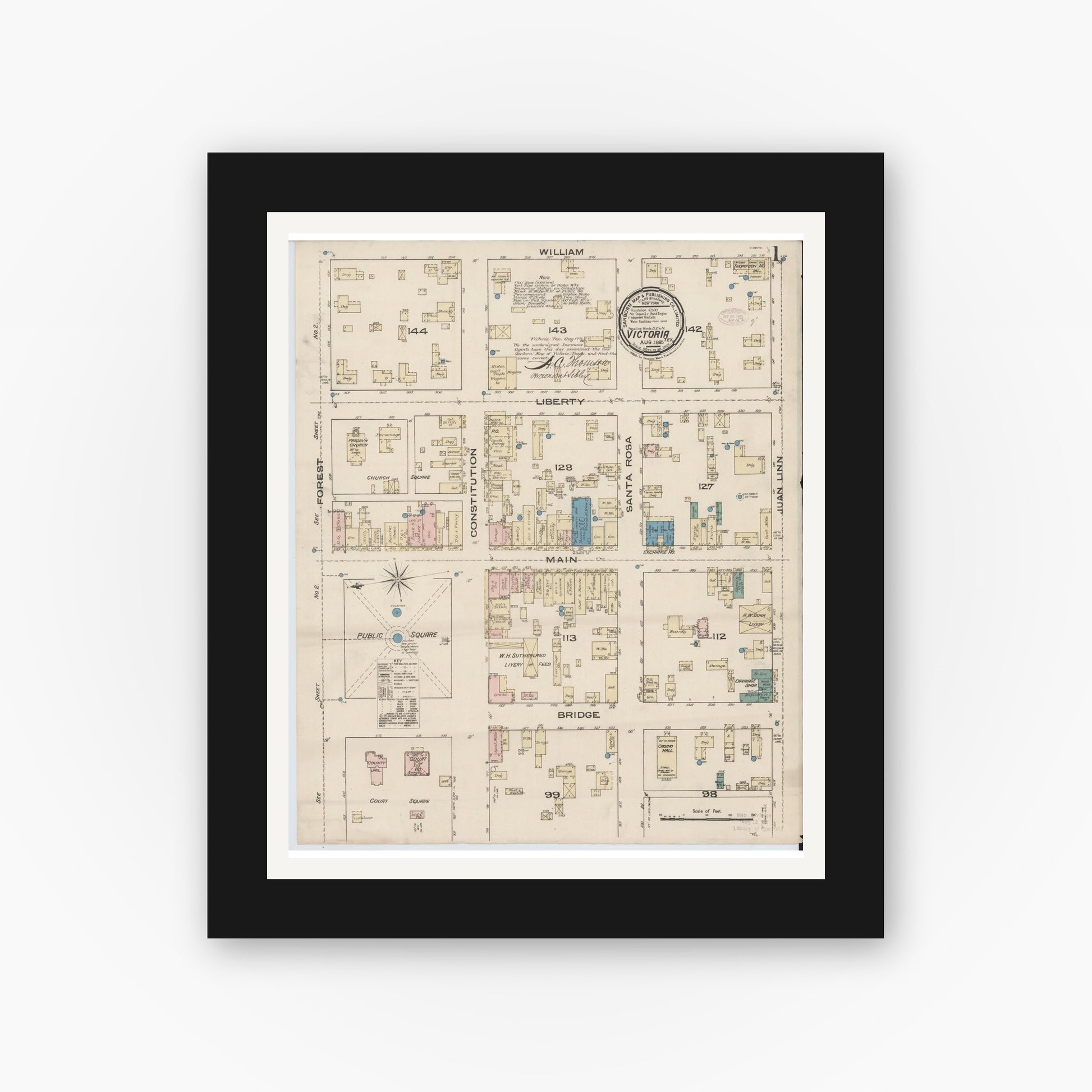 Old map wall art mockup — black gallery frame with white mat — Sanborn Fire Insurance Map from Victoria, Victoria County, Texas (1885), Sheet #0001