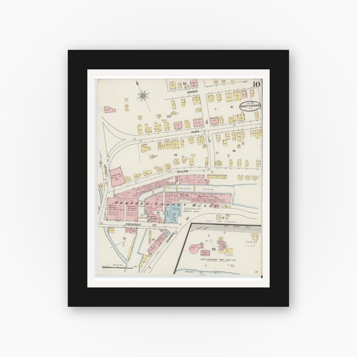 Old map wall art mockup — black gallery frame with white mat — Sanborn Fire Insurance Map from Amsterdam, Montgomery County, New York (1888), Sheet #0010