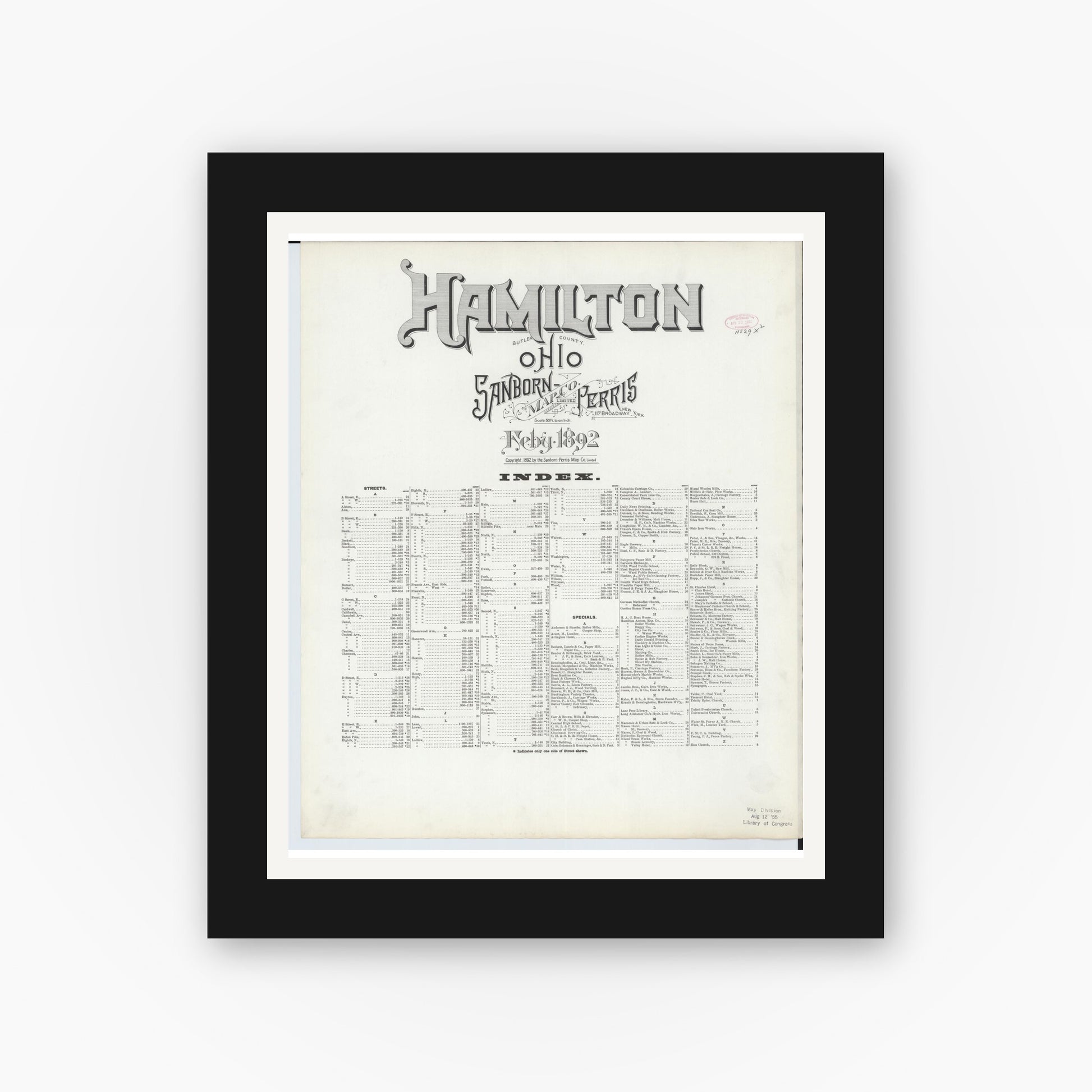 Old map wall art mockup — black gallery frame with white mat — Sanborn Fire Insurance Map from Hamilton, Butler County, Ohio (1892), Sheet #0001