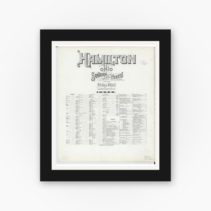 Old map wall art mockup — black gallery frame with white mat — Sanborn Fire Insurance Map from Hamilton, Butler County, Ohio (1892), Sheet #0001
