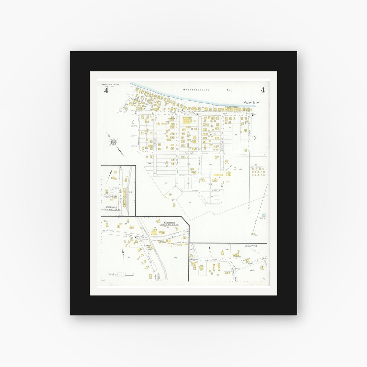 Old map wall art mockup — black gallery frame with white mat — Sanborn Fire Insurance Map from Marshfield, Plymouth County, Massachusetts (1933), Sheet #0004