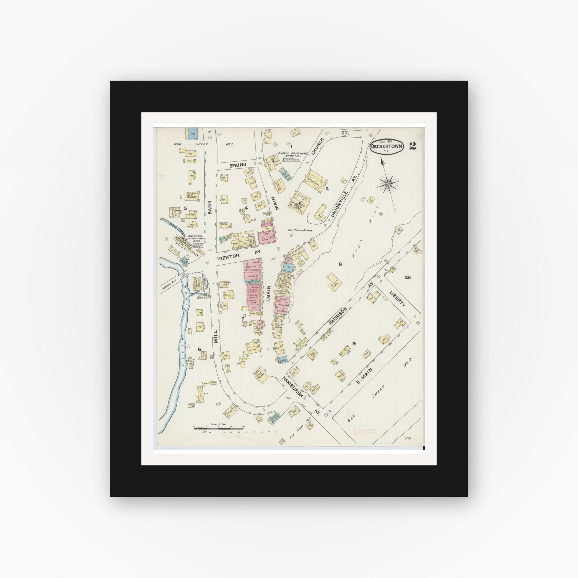 Old map wall art mockup — black gallery frame with white mat — Sanborn Fire Insurance Map from Deckertown, Sussex County, New Jersey (1890), Sheet #0002